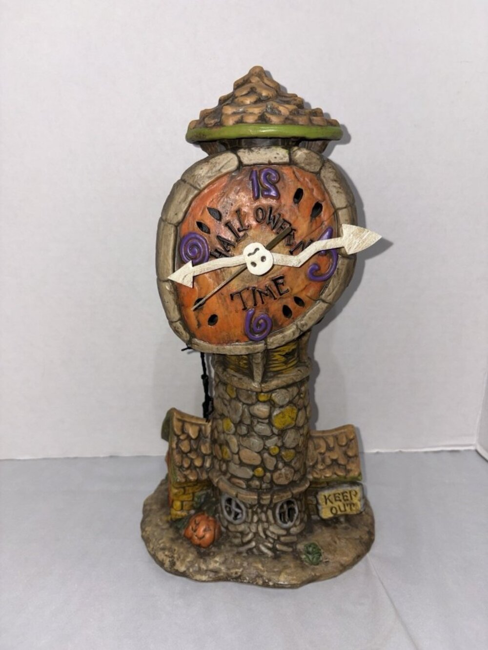 Halloween Animated Clock Tower Lighted Porcelain Skull Spooky 12 Inch Tall